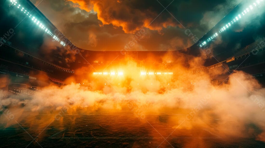 Estádio com névoa laranja e luzes