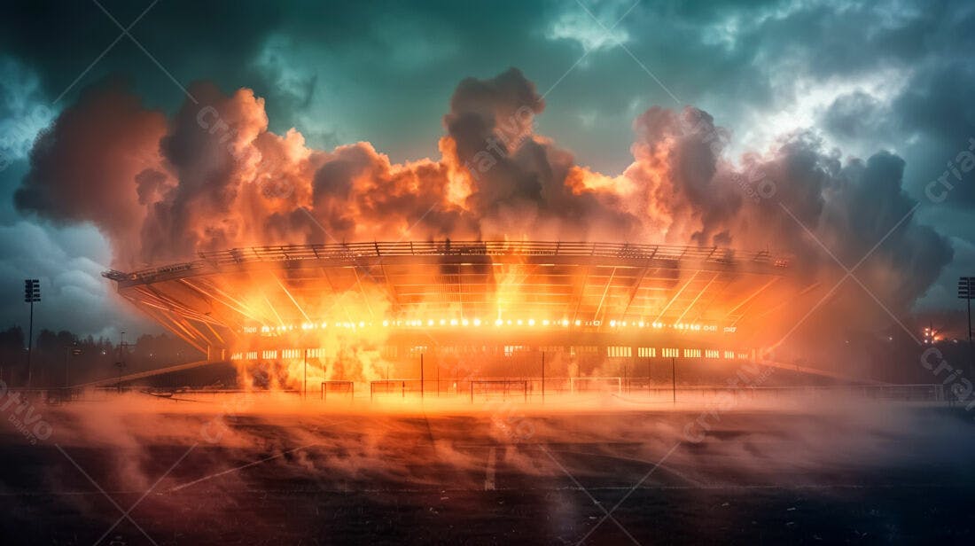 Estádio iluminado com névoa laranja