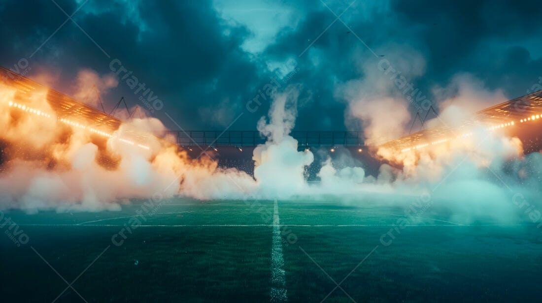 Estádio de futebol com fumaça e luzes noturnas