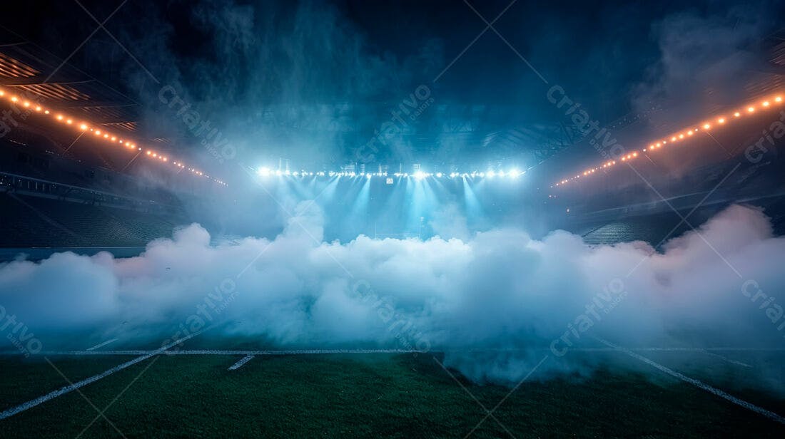 Estádio com fumaça azul e luzes noturnas