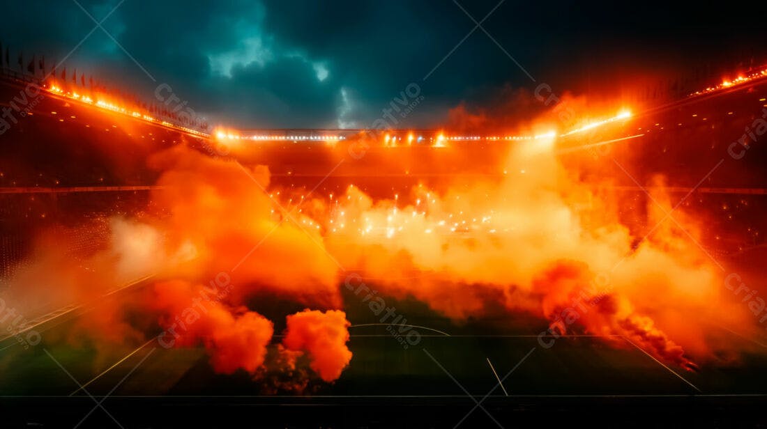 Fumaça laranja em estádio noturno