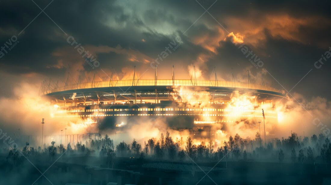 Estádio em chamas noite nebulosa