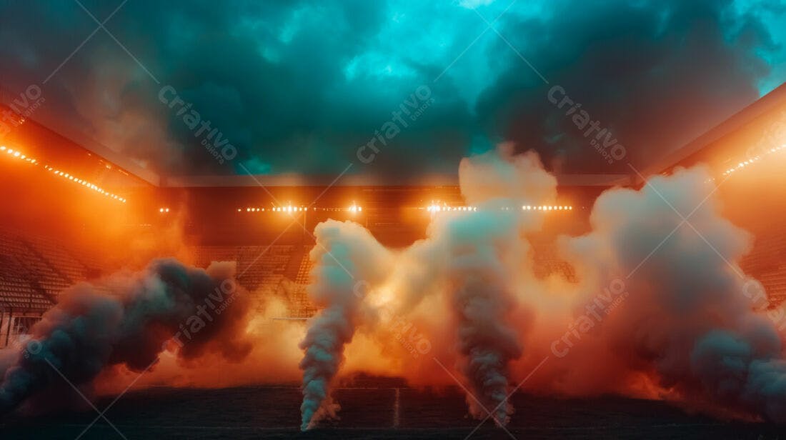 Estádio com fumaça colorida e luzes