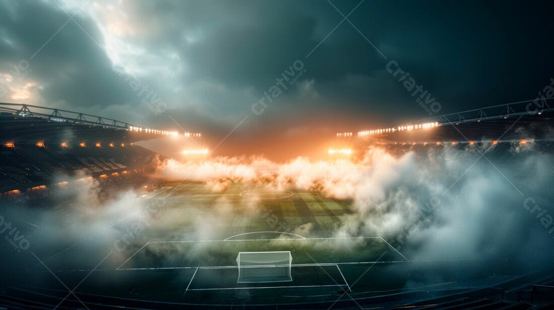 Estádio de futebol noturno com névoa