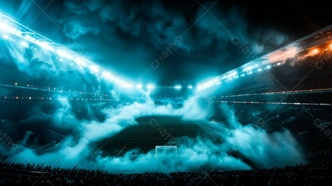 Estádio de futebol noturno com fumaça azul