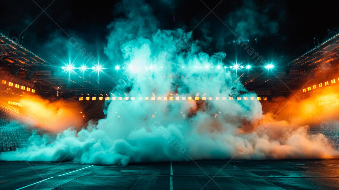 Estádio com fumaça e luzes vibrantes