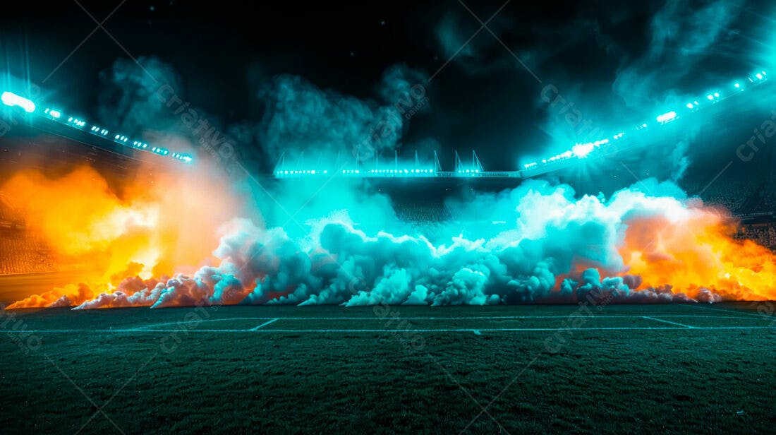 Estádio com fumaça laranja e azul