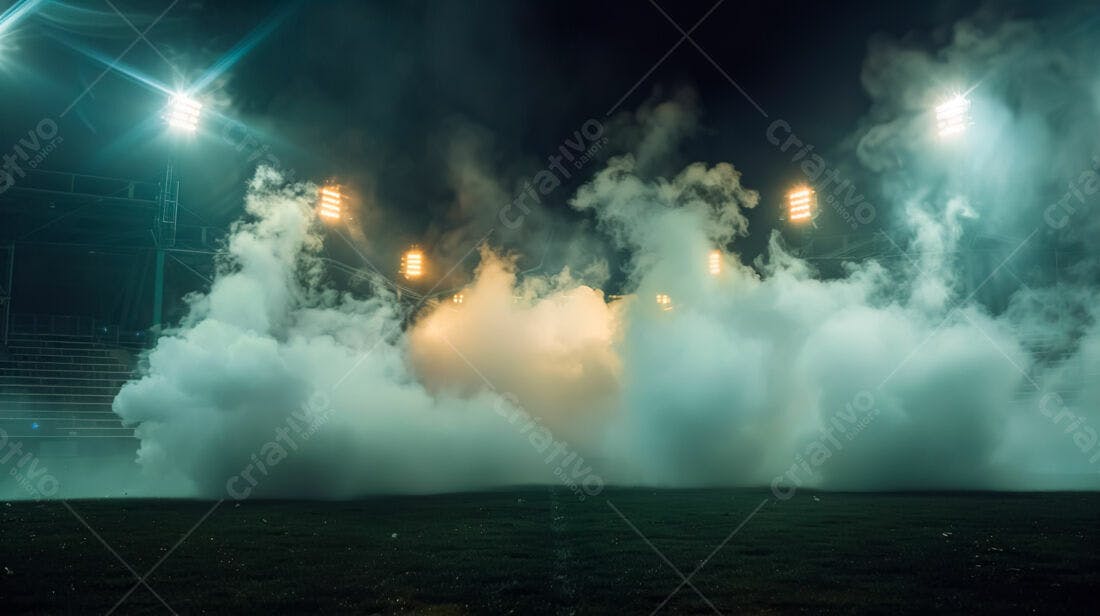 Estádio com fumaça e iluminação noturna