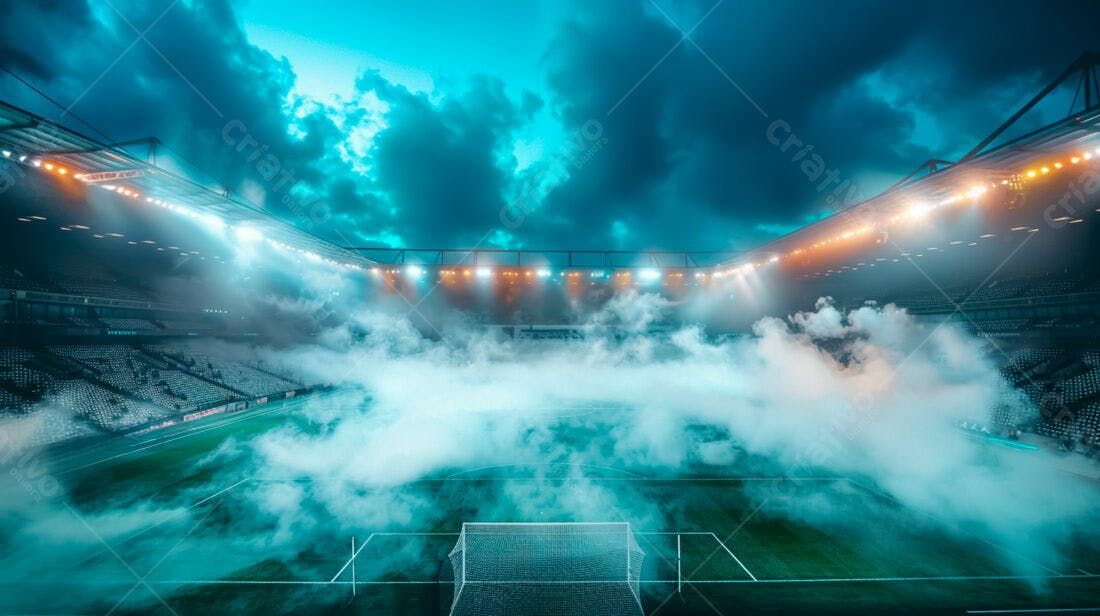 Estádio de futebol com névoa azul noturna