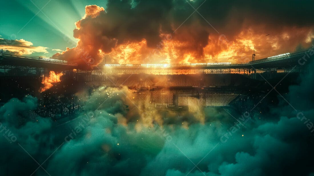 Estádio de futebol com fumaça verde e laranja ao entardecer