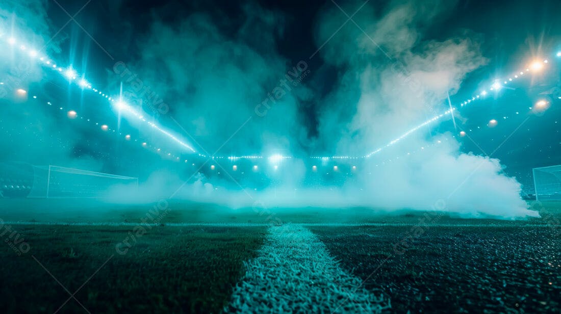 Campo de futebol noturno com fumaça