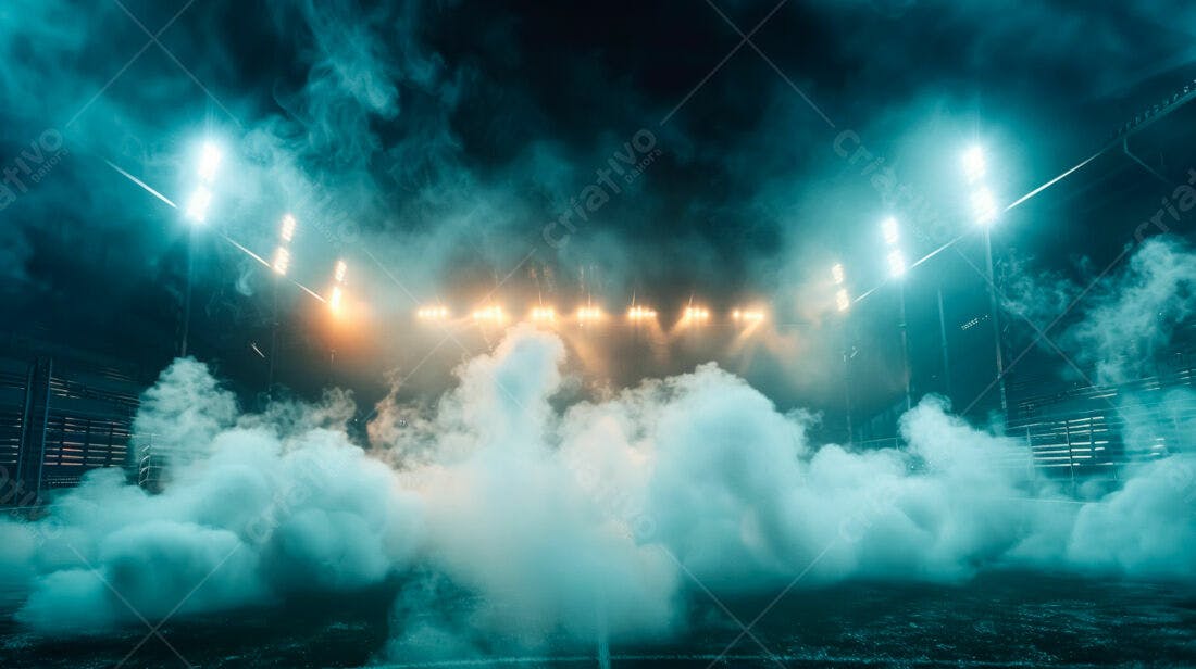 Estádio com fumaça e luzes noturnas