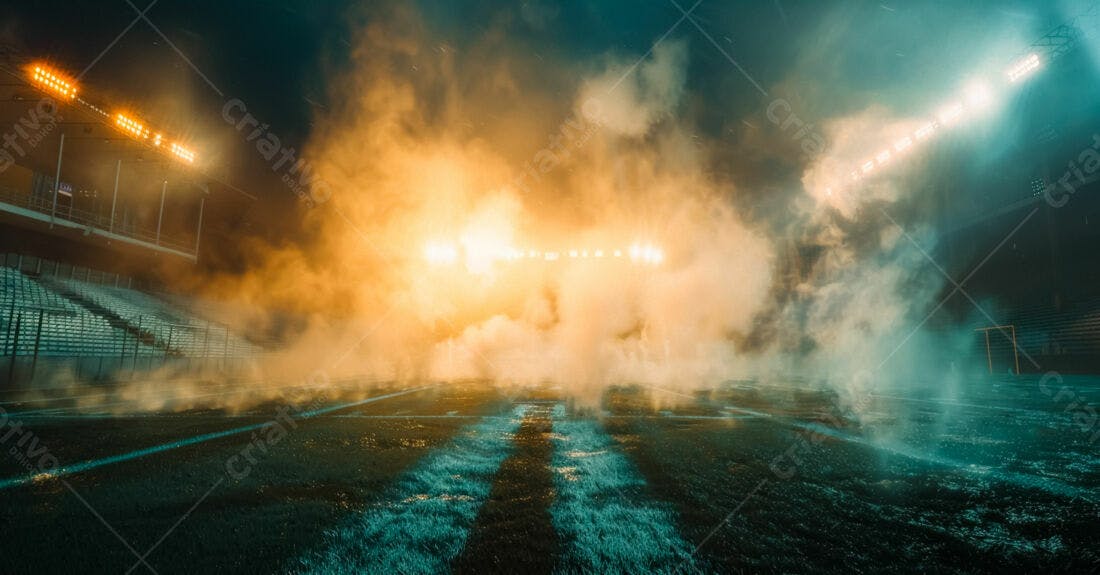 Campo de futebol noturno com fumaça e luzes
