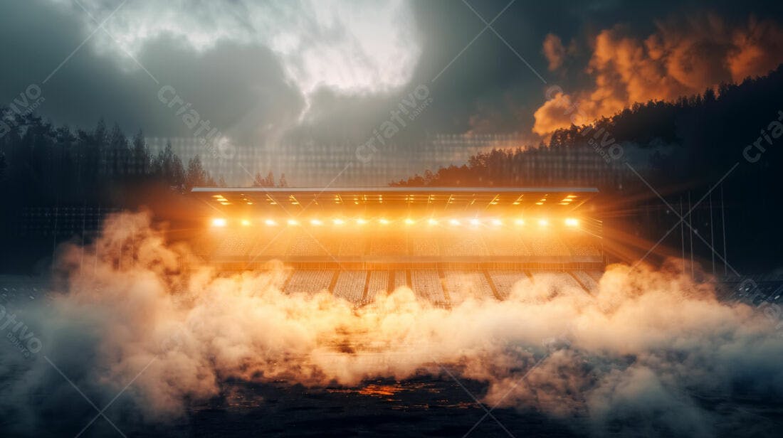 Estádio de futebol noturno com névoa