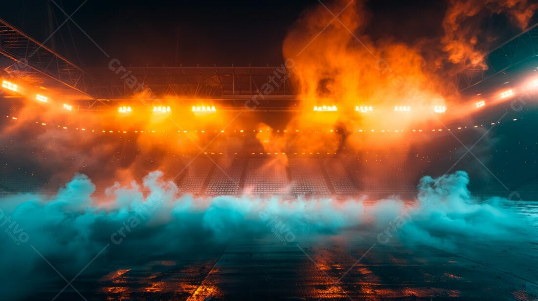 Estádio com fumaça laranja e azul