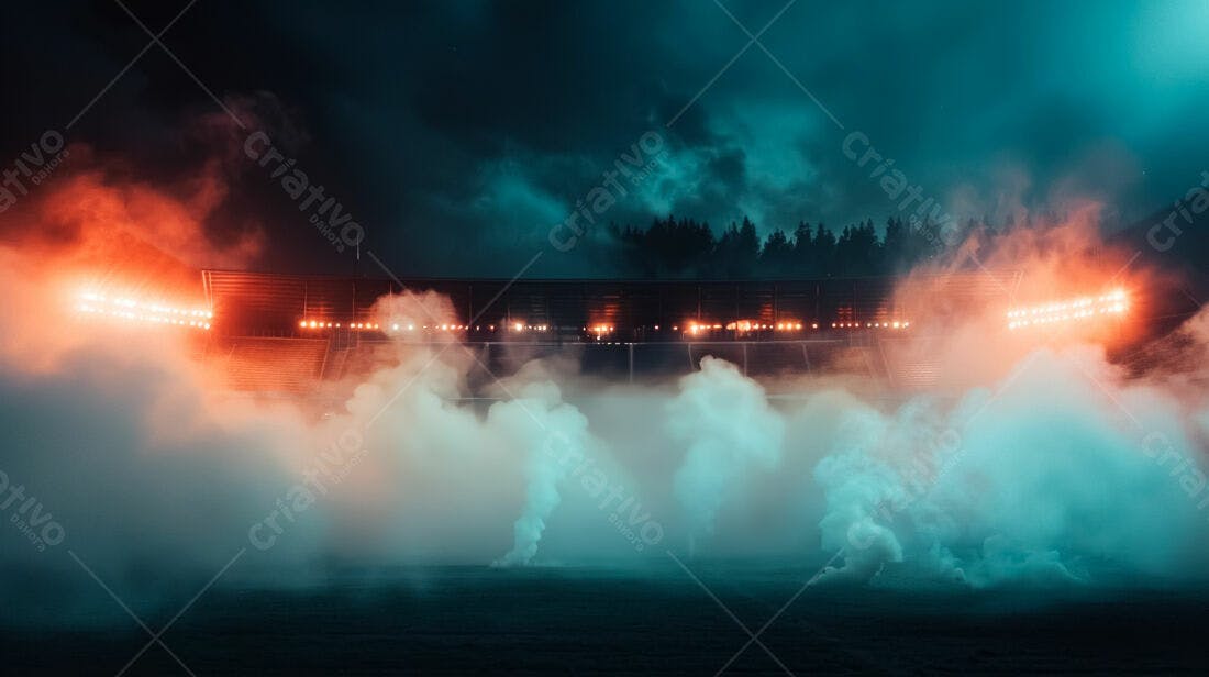 Estádio noturno com fumaça laranja e azul