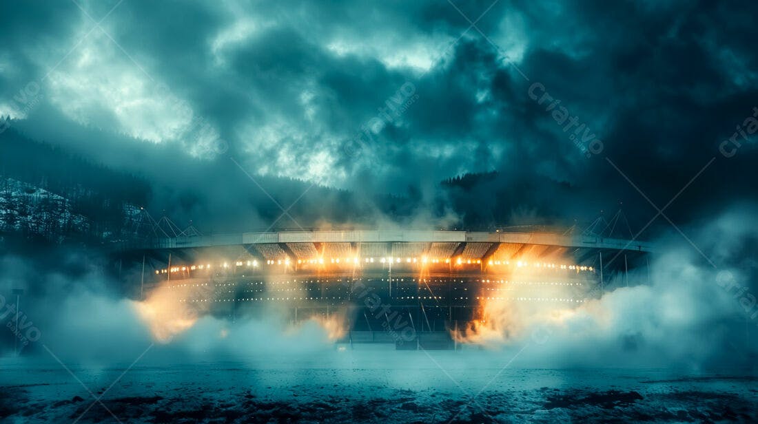 Estádio iluminado em noite nebulosa