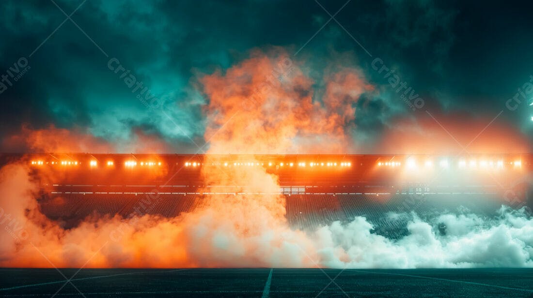 Estádio com fumaça laranja e luzes noturnas