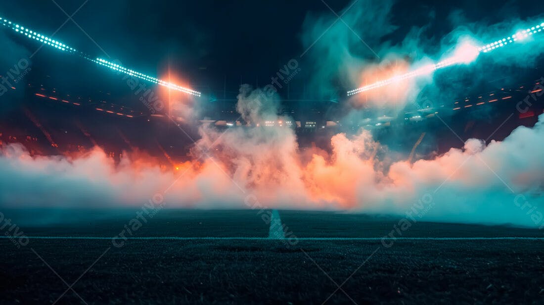 Estádio com fumaça colorida e luzes noturnas