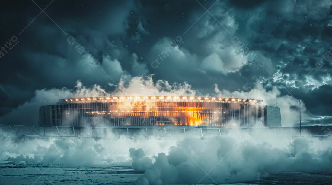 Estádio iluminado em noite nebulosa