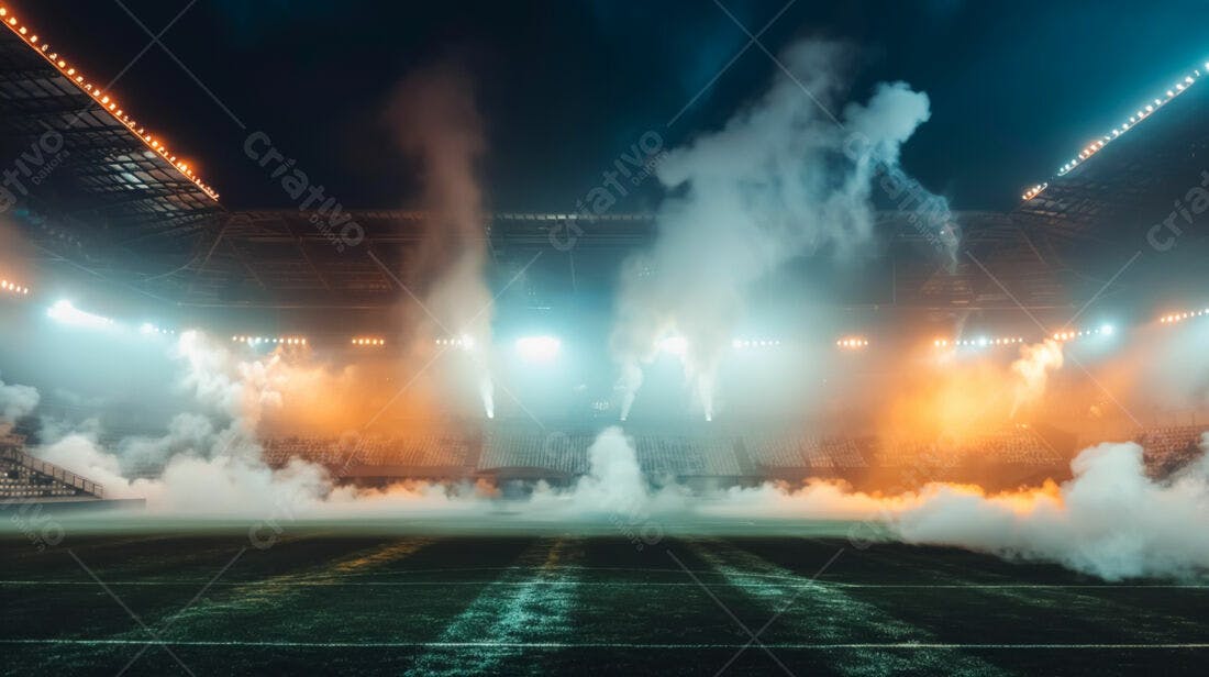 Estádio noturno com fumaça e luzes