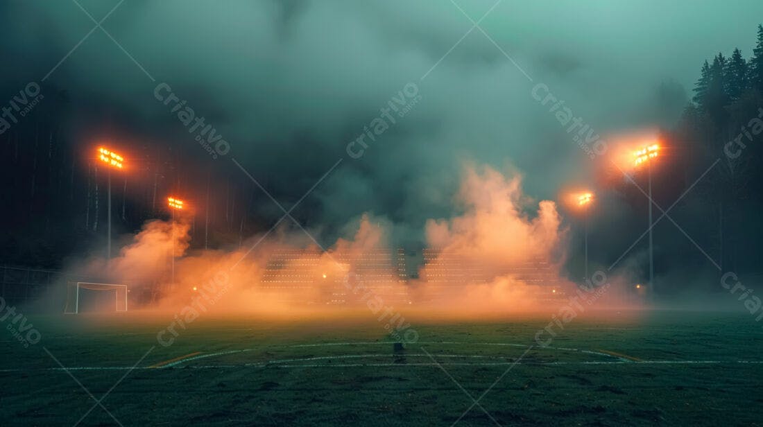 Campo de futebol noturno com névoa alaranjada