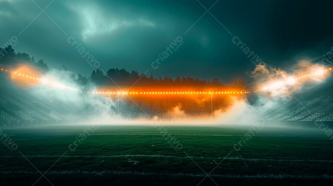 Estádio de futebol noturno com neblina