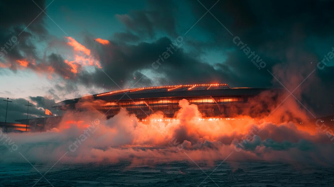 Estádio iluminado em noite fria com névoa