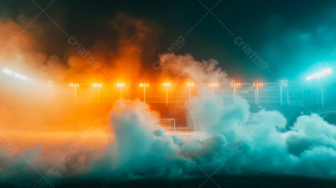 Estádio com névoa laranja e azul noturno