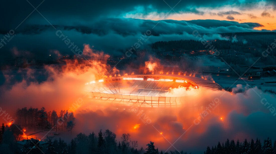 Estádio em meio à névoa laranja noturna