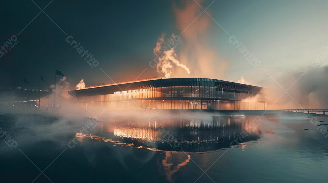 Edifício moderno em névoa matinal