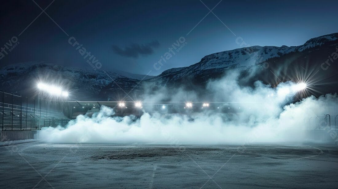 Pista de corrida noturna com fumaça e montanhas nevadas