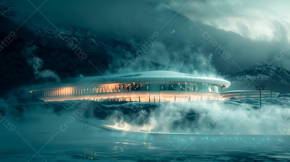 Arena futurista nevada em montanha