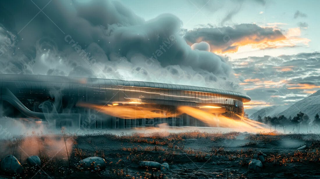 Estádio futurista em paisagem nebulosa