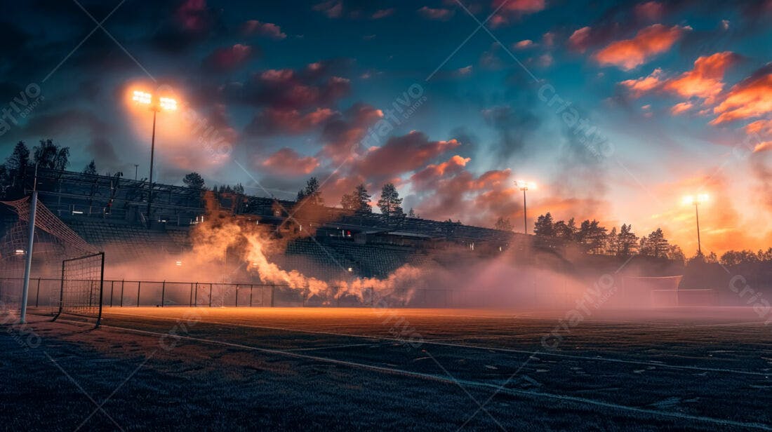 Campo de futebol com fumaça ao entardecer