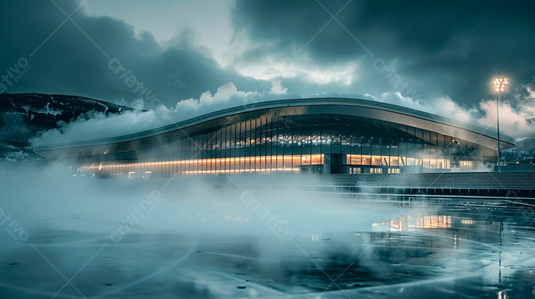Arena moderna com névoa ao entardecer