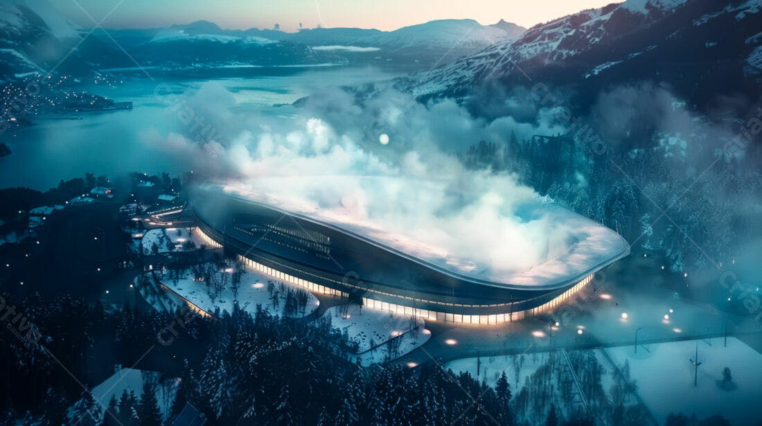 Estádio de gelo nevado vista aérea noturna