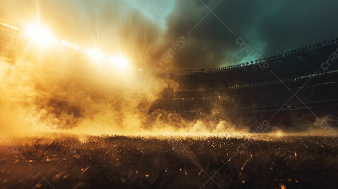 Estádio de futebol com fumaça e luzes
