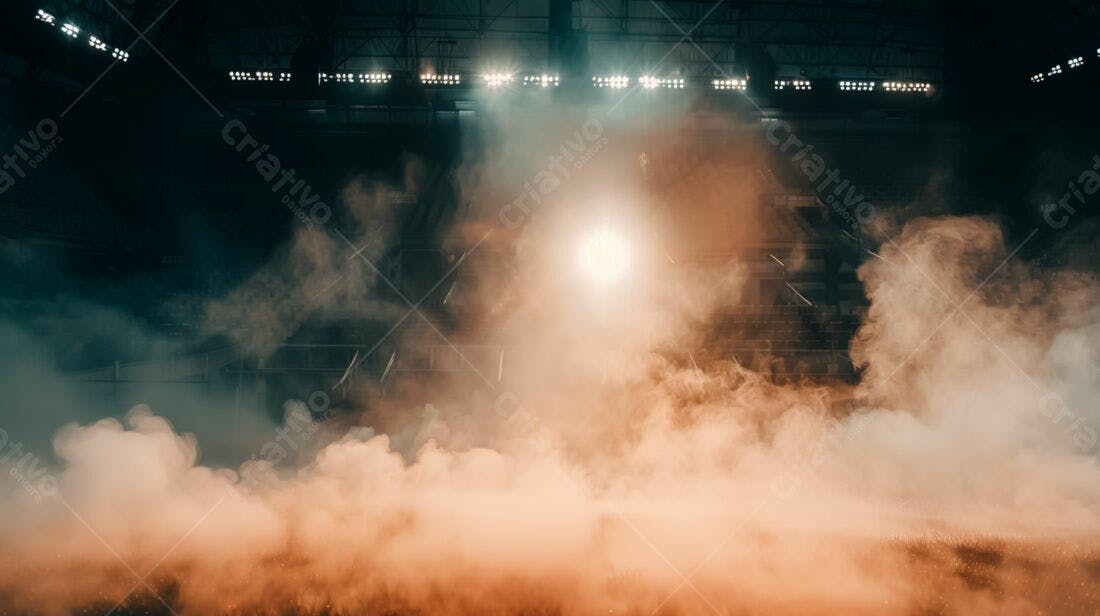 Estádio com névoa laranja e luzes