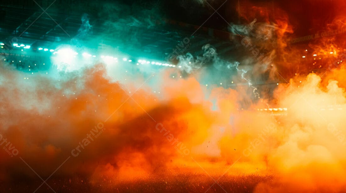 Fumaça laranja e verde em estádio