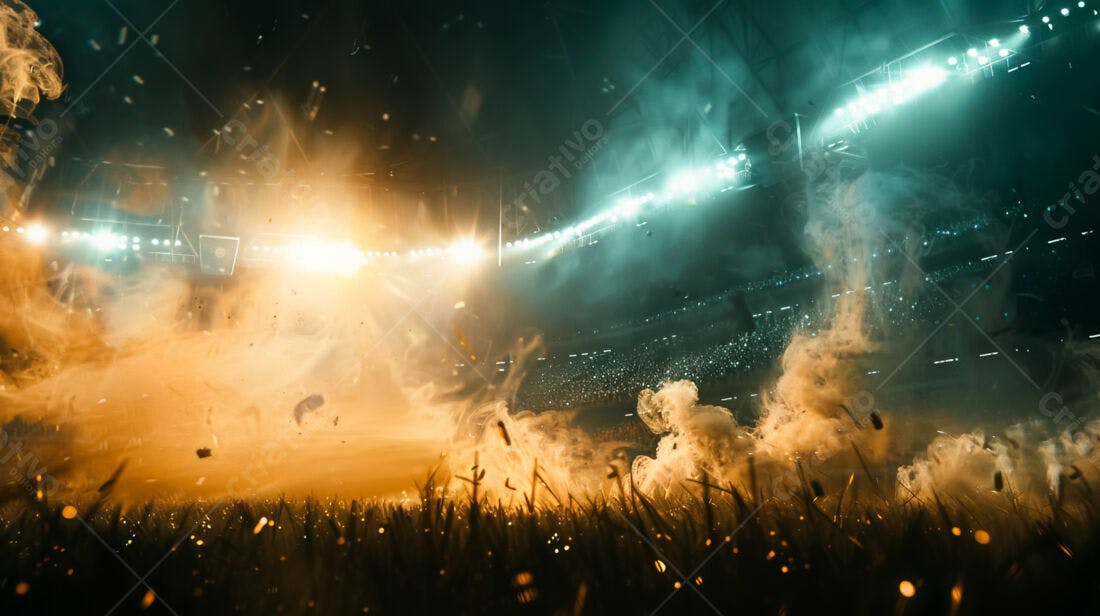 Estádio iluminado com fumaça laranja e azul