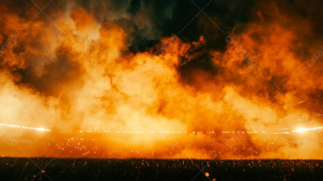 Estádio com fumaça laranja noturna