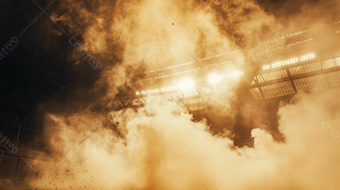 Estádio com fumaça dourada e luzes
