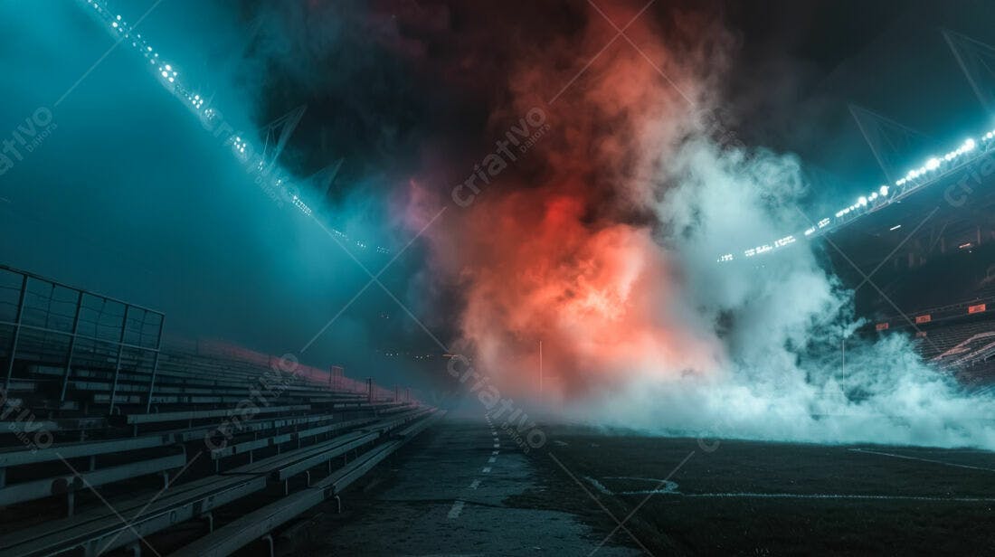 Estádio noturno com fumaça azul e vermelha