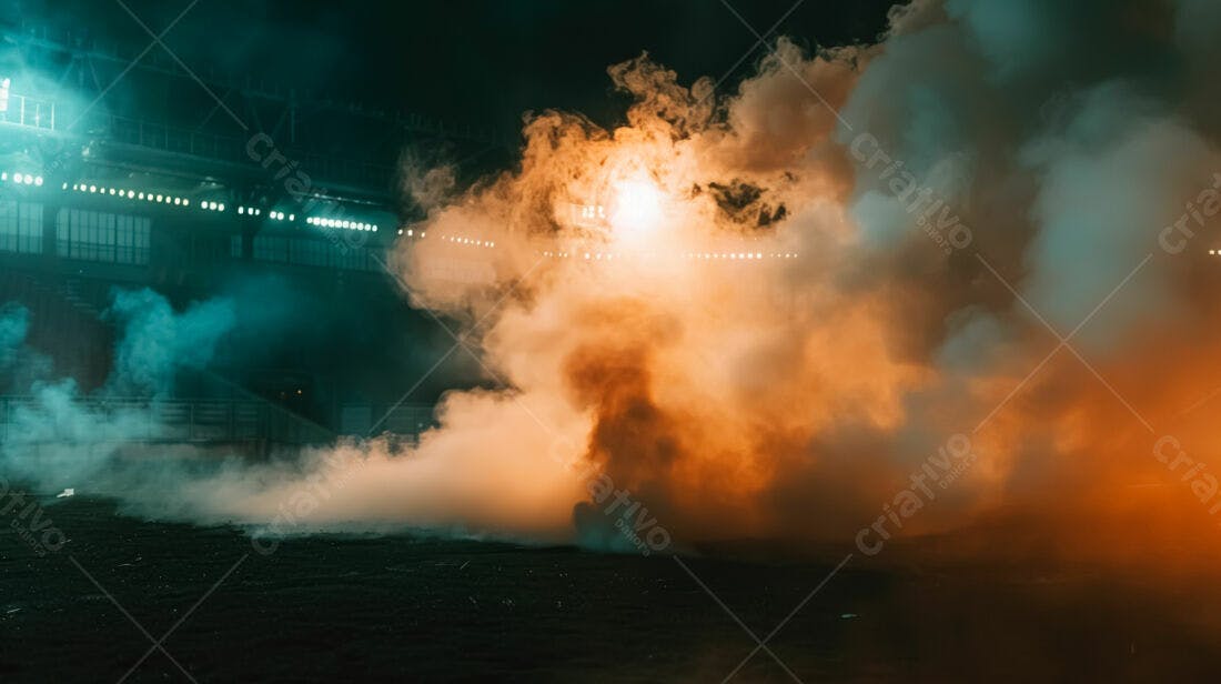 Nuvem de fumaça laranja e azul em estádio noturno