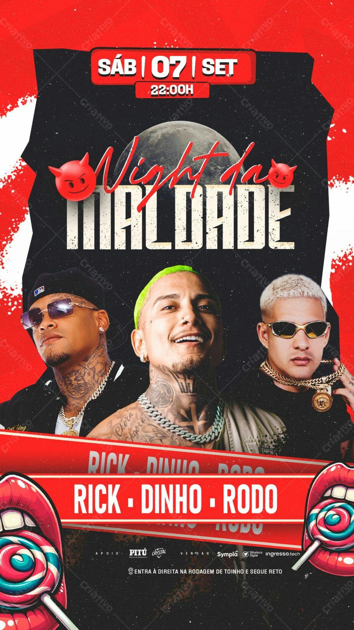 Flyer Night da Malddade com Rick, Dinho e Rodo PSD Editável
