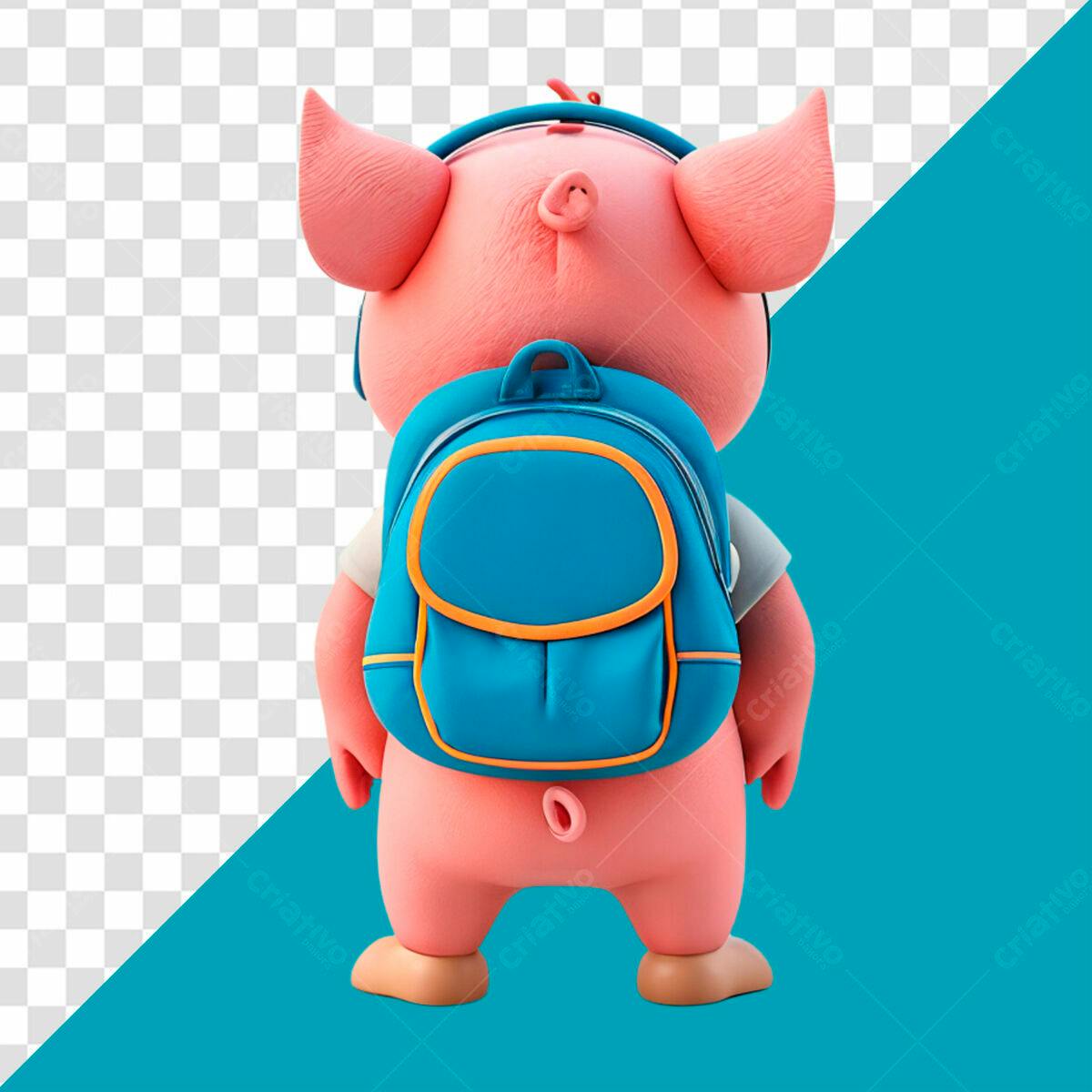 Personagem Porquinho com Mochila PSD Editável