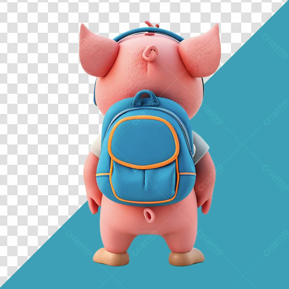 Elemento 3D Personagem Fofo De Porco De Costas Com Mochila Azul Nas Costas