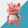 Cute smiling 3d pig character with blue backpack on back 03