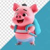 3d cute pig character smiling with blue backpack on back